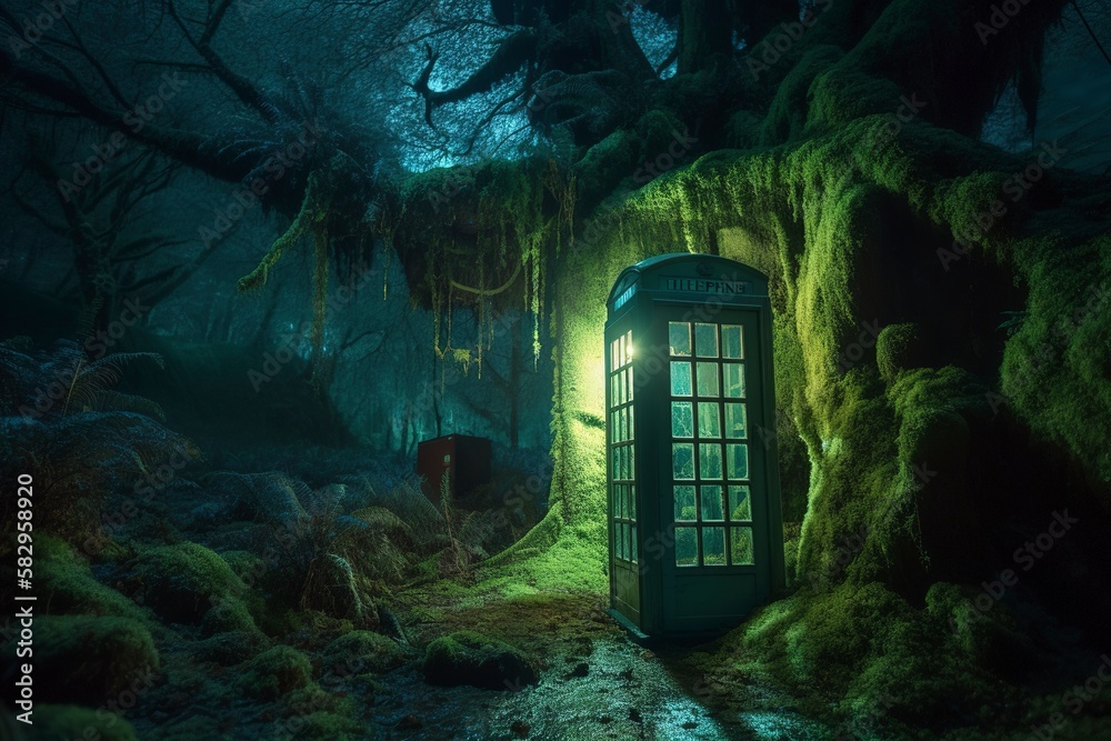 Old phone booth abondoned in the forest. Generative Ai Old phone booth abondoned in the forest. Generative Ai