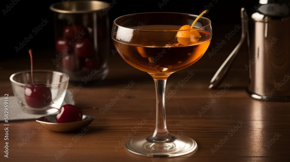 Manhattan classic cocktail made with whiskey, sweet vermouth, and bitters, often garnished with a cherry. Generative AI Manhattan classic cocktail made with whiskey, sweet vermouth, and bitters, often garnished with a cherry. Generative AI