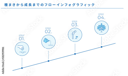種まきから成長までのフローインフォグラフィック、シンプルなラインアイコン、ベクター