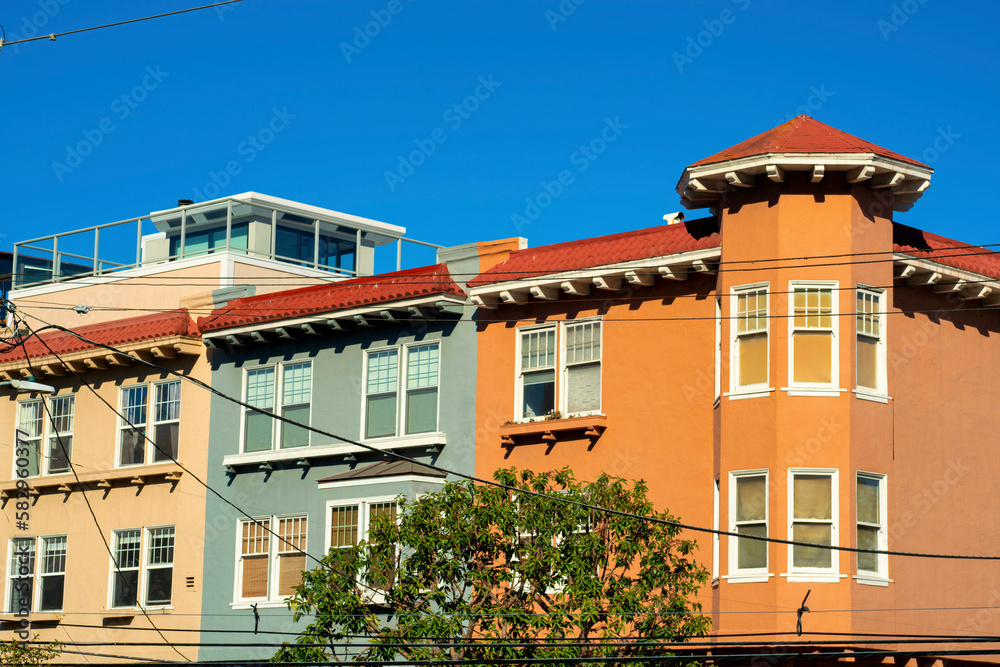 Colorful row apartment buildings or townhomes in downtown city san francisco historic districts downtown neighborhood
