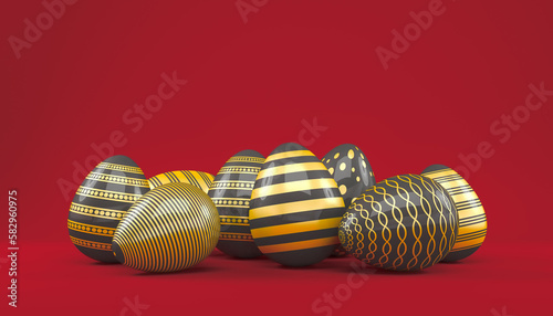 3d render of 8 black and gold easter eggs on red background. - Vacation background