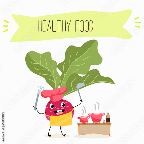 Illustration with funny characters cabbage, brussels, sprouts, radish   Funny and healthy food. Vitamins, cute face food, ingredients, vegetarian, vector cartoon, agriculture, raw.