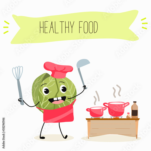 Illustration with funny characters cabbage, brussels, sprouts, radish   Funny and healthy food. Vitamins, cute face food, ingredients, vegetarian, vector cartoon, agriculture, raw.