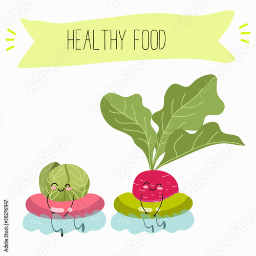 Illustration with funny characters cabbage, brussels, sprouts, radish   Funny and healthy food. Vitamins, cute face food, ingredients, vegetarian, vector cartoon, agriculture, raw.