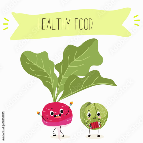 Illustration with funny characters cabbage, brussels, sprouts, radish   Funny and healthy food. Vitamins, cute face food, ingredients, vegetarian, vector cartoon, agriculture, raw.