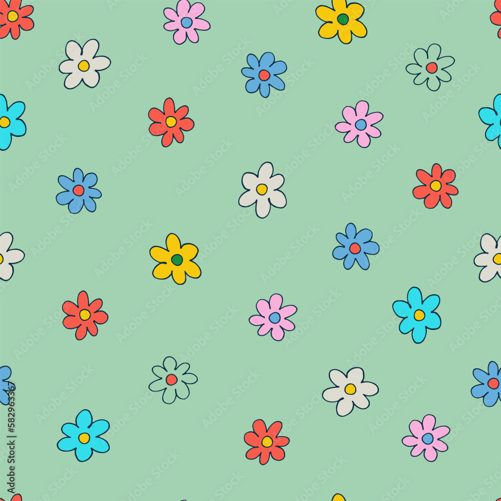 Seamless pattern with small colorful flowers in retro style. Retro 60s, 70s design for gift wrap, textile, home decor Seamless pattern with small colorful flowers in retro style. Retro 60s, 70s design for gift wrap, textile, home decor