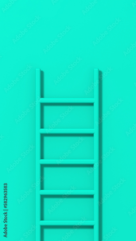 Turquoise staircase on Turquoise background. Staircase stands vertically near wall. Way to success concept. Vertical image. 3d image. 3D rendering.