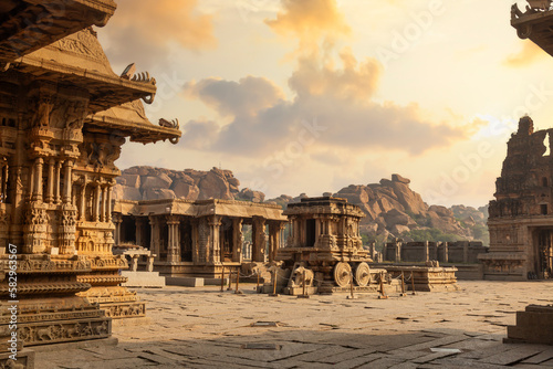 Ancient stone architecture city ruins at Vijaya Vittala temple complex at Hampi Karnataka, India at sunrise