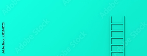 Turquoise staircase on Turquoise background. Staircase stands vertically near wall. Way to success concept. Horizontal image. Banner for insertion into site. 3d image. 3D rendering.
