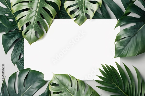 Tropical leaves frame with copy space for wedding invitations. Created with Generative AI Technology