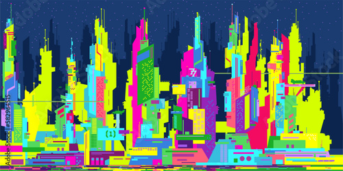 Neon Colorful Trendy Abstract Futuristic Sci-fi Cyber Space City Landscape Vector Illustration