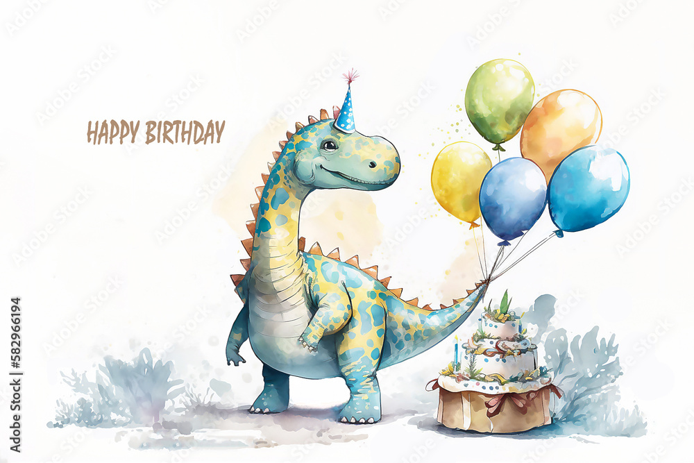 Fototapeta premium Watercolor illustration of cute dinosaur with colorful balloons. Greeting birthday card, poster, banner for children. White background. AI generated