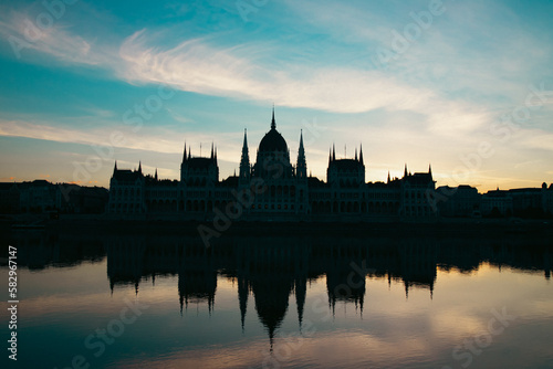 Budapest, Hungarian Parliament silhouette, beautiful panoramic view. © erika8213
