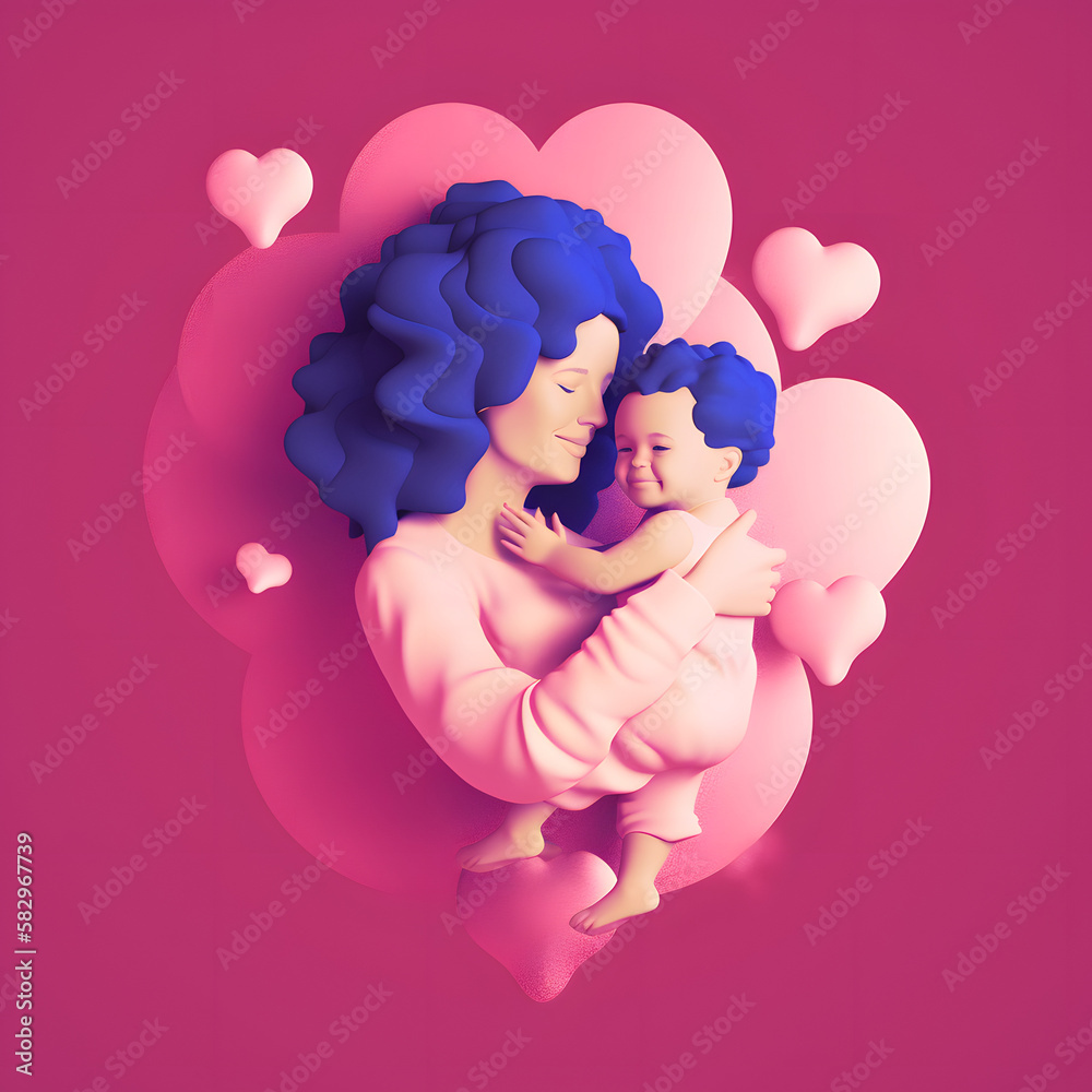 Happy mother's day illustration. Mother with child, flowers and hearts flying around. Genegarive AI Happy mother's day illustration. Mother with child, flowers and hearts flying around. Genegarive AI