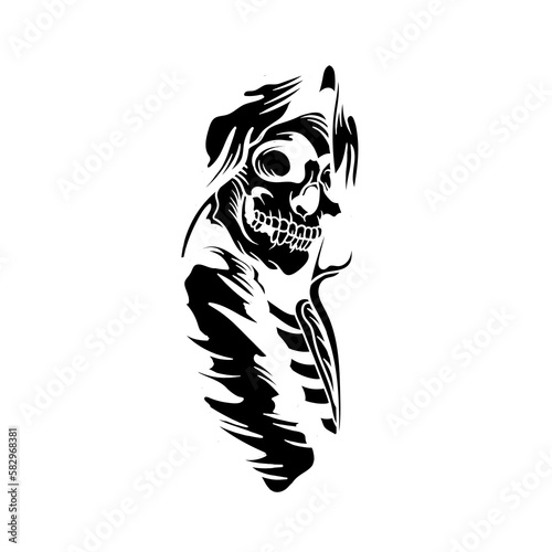 Hand drawn illustration of a grim reaper skull silhouette