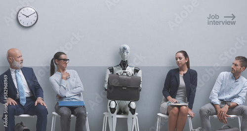 Job applicants staring at the robot candidate and waiting for the job interview