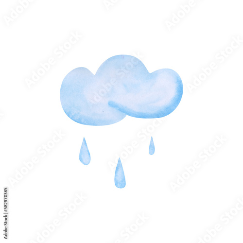 Watercolor cloud and drops of water. Icon of rain isolated on a transparent background. Hand-drawn rainy illustration. Cloudscape clipart. Meteorology print. Blue clouds and raindrops. Cute art.