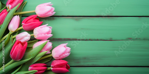 Tulip border with copy space. Beautiful frame composition of spring flowers. generative ai. Bouquet of pink tulips flowers on green vintage wooden background