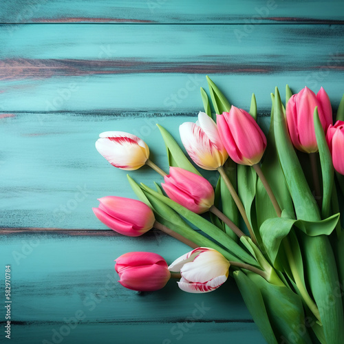 Tulip border with copy space. Bouquet of pink tulips flowers on turquoise blue vintage wooden background. generative ai. Beautiful frame composition of spring flowers