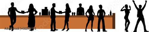 Bar, Disco, Party - Silhouette trinkender, redender und tanzender Menschen vor dem Tresen