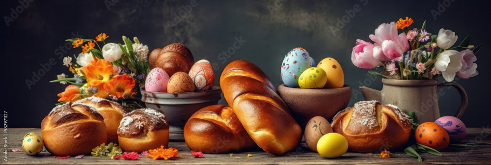 Easter Delight: Festive Brioche and easter egg. Generative Ai