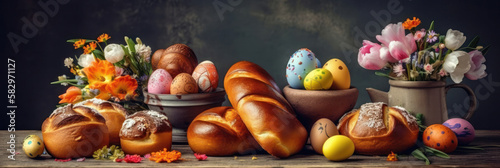 Easter Delight: Festive Brioche and easter egg. Generative Ai