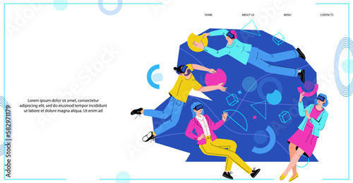 Metaverse or virtual reality technology for business concept of website page with business team interacting in a virtual reality space or VR simulation application, flat vector illustration.