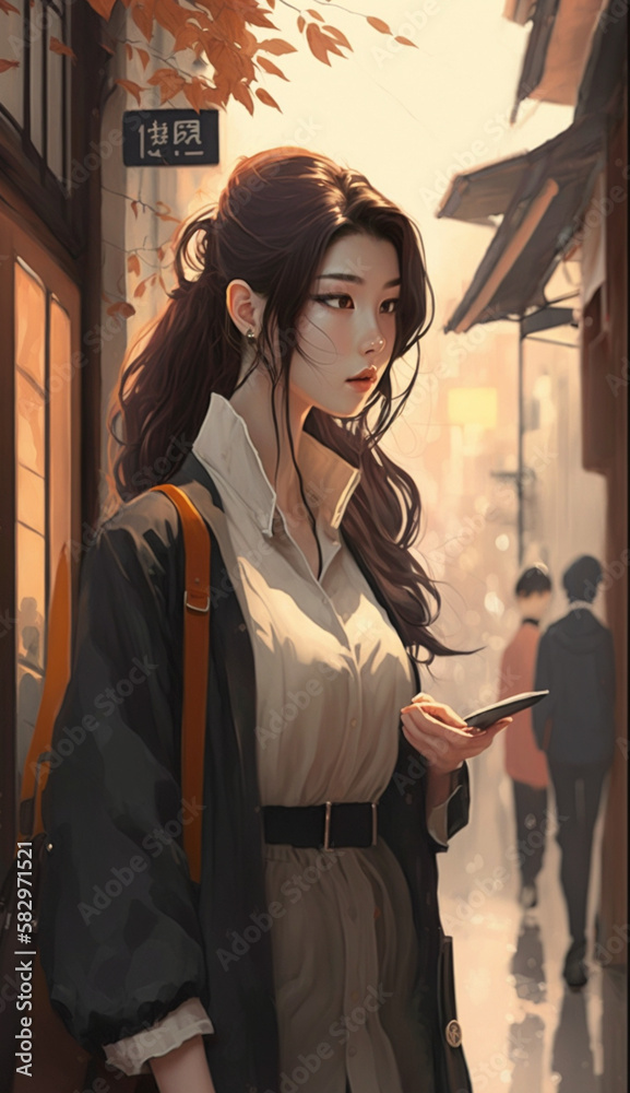 An illustration of a modern beautiful girl wandering