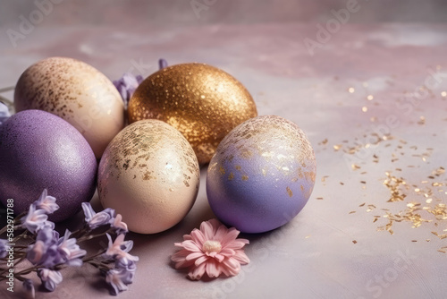 Golden Glitter and Lilac Blooms: A Stunning Easter Egg Composition. Generative Ai