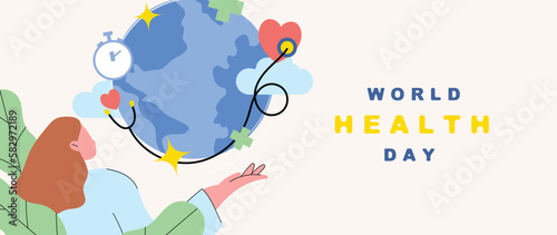 World health day concept, 7 April, background vector. Hand drawn doodle style of people working out, yoga exercise, skateboard, text chat elements. Design for web, banner, campaign, social media post.