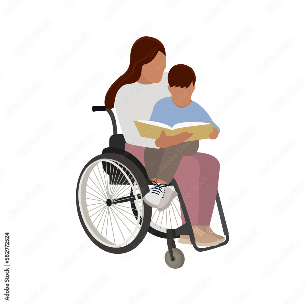 Person on wheelchair. Mom in a wheelchair with a child. A person with