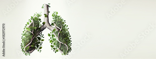 Human lungs are made with fresh green plant leaves on white background. Minimal coronavirus or pneumonia concept. Green, world health or environment day and ecology concept.banner, Generative AI photo