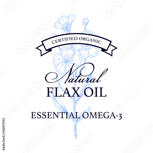 Flax logo template with hand drawn element. Vector illustration in sketch style. Design for linen products, seed, oil, packaging