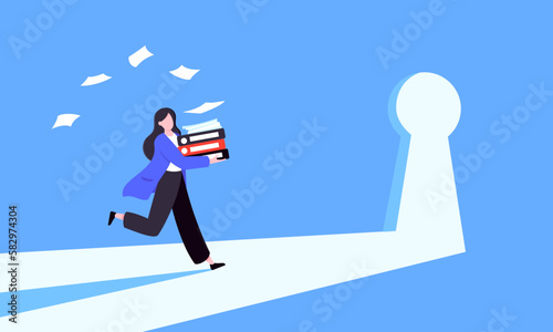 Unlock your opportunity concept with keyhole and ambitious woman running to career potential and work financial success flat style vector illustration. New way business beginnings and unlock future.