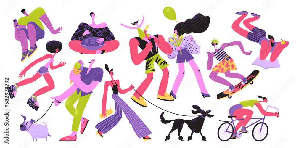 Set of vector illustrations of people wearing summer clothes, having fun, playing sports and walking dogs. Cartoon characters