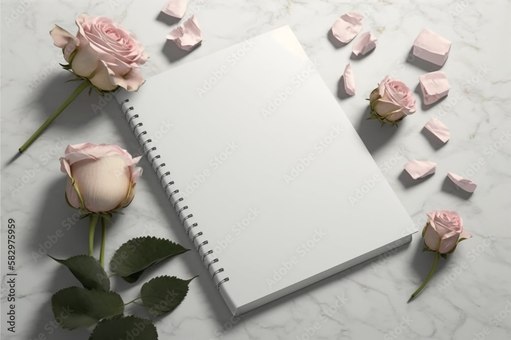 Blank open copyspace notepad with rose on pink background, top view, Mother's Day, AI generation Blank open copyspace notepad with rose on pink background, top view, Mother's Day, AI generation