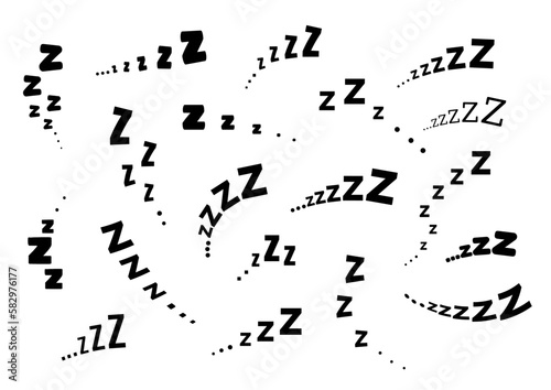 Zzz sleep snore text vector icon set. Night sleepy noise sound collection illustration. Black signs isolated on white background.