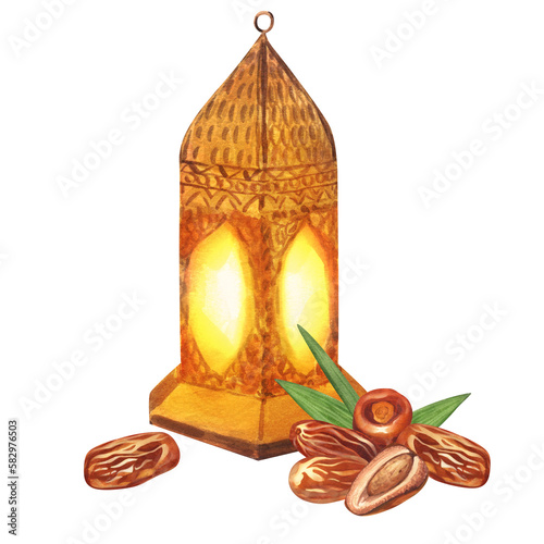 Watercolor golden lamp lantern with candle and dry palm dates fruit. Hand-drawn illustration isolated on white background. Perfect for islamic celebration day ramadan kareem, eid al fitr adha