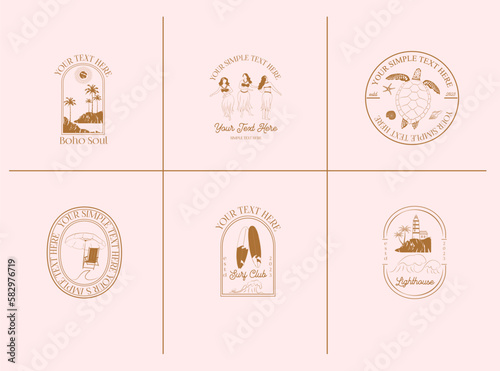 Collection of Summer, Sea, Hawaii, Surfing, Tropical linear logos, symbols, icons design template. Editable vector logotype.