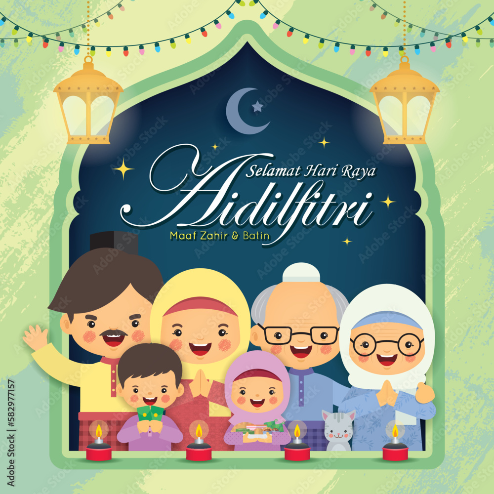 Hari Raya Aidilfitri greeting card. Cartoon muslim family celebrate