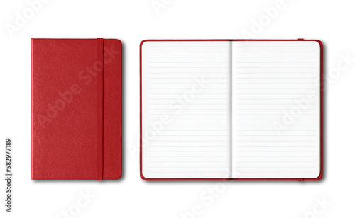 Dark red closed and open lined notebooks isolated on transparent background