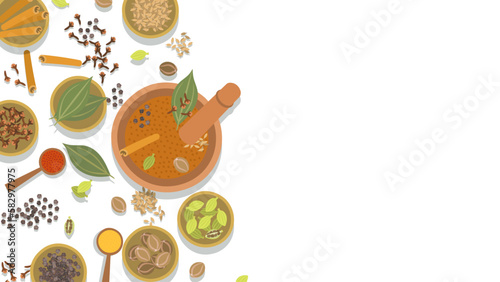 ガラムマサラの背景イラスト。俯瞰図。フラットなベクターイラスト。Background illustrations of Garam masala. Bird’s-eye view. Flat designed vector illustration.