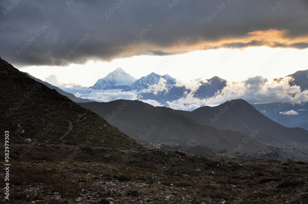 View of the Dhaulaghiri mountain from Muktinath village, Nepal, Asia. Annapurna circuit trek. 