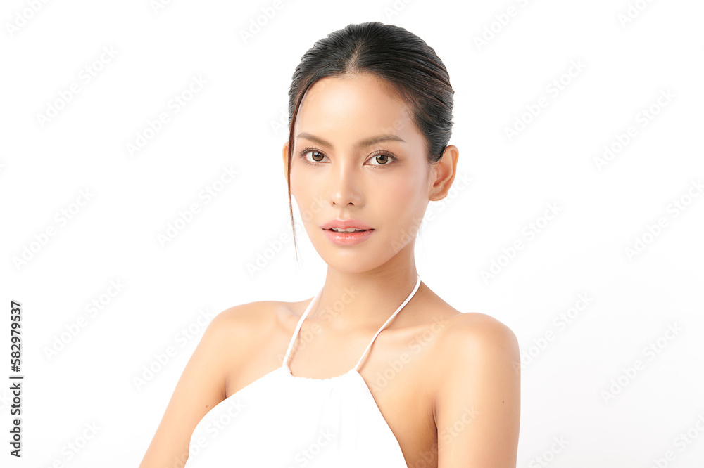 Beautiful young asian woman with clean fresh skin on white background, Face care, Facial treatment, Cosmetology, beauty and spa, Asian women portrait.