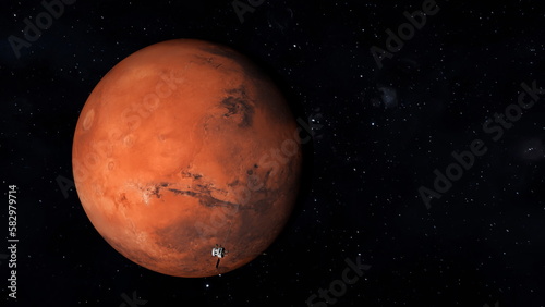 Red planet Mars in outer space and spaceship flying near