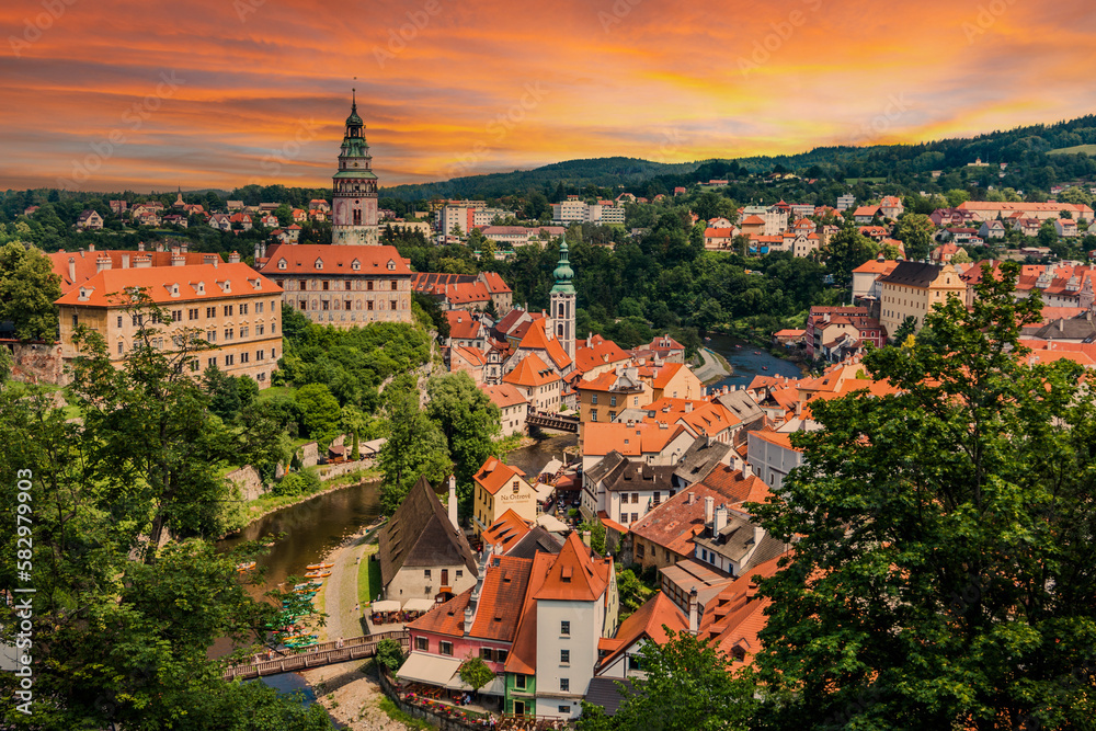View of historical centre of Cesky Krumlov town on Vltava riverbank, Czech Republic.