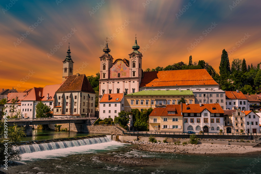 Fototapeta premium Steyr city with St. Michael's Church. Upper Austria.