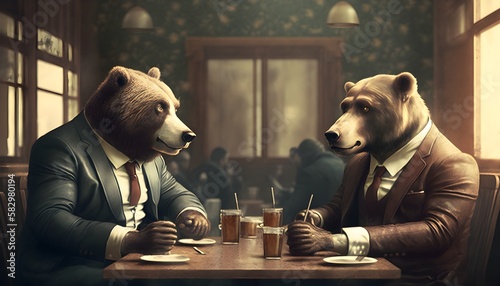 Two big bear dressed in suit havings drinks at an upscale bar. Relaxed nice environment. Generated by AI. photo