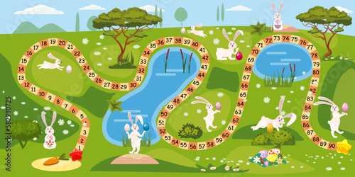 Easter board game for children with funny bunnys, egg hunt