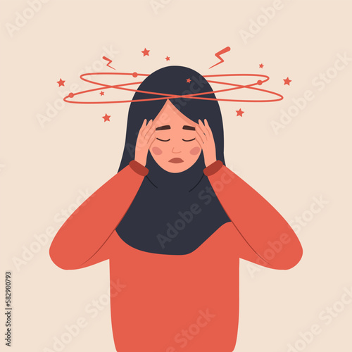 Anemia concept. Sad arabic woman with dizziness. Unhappy girl suffers from vertigo and headache and needs medical help. Lack of iron in immune system. Vector illustration in flat cartoon style.